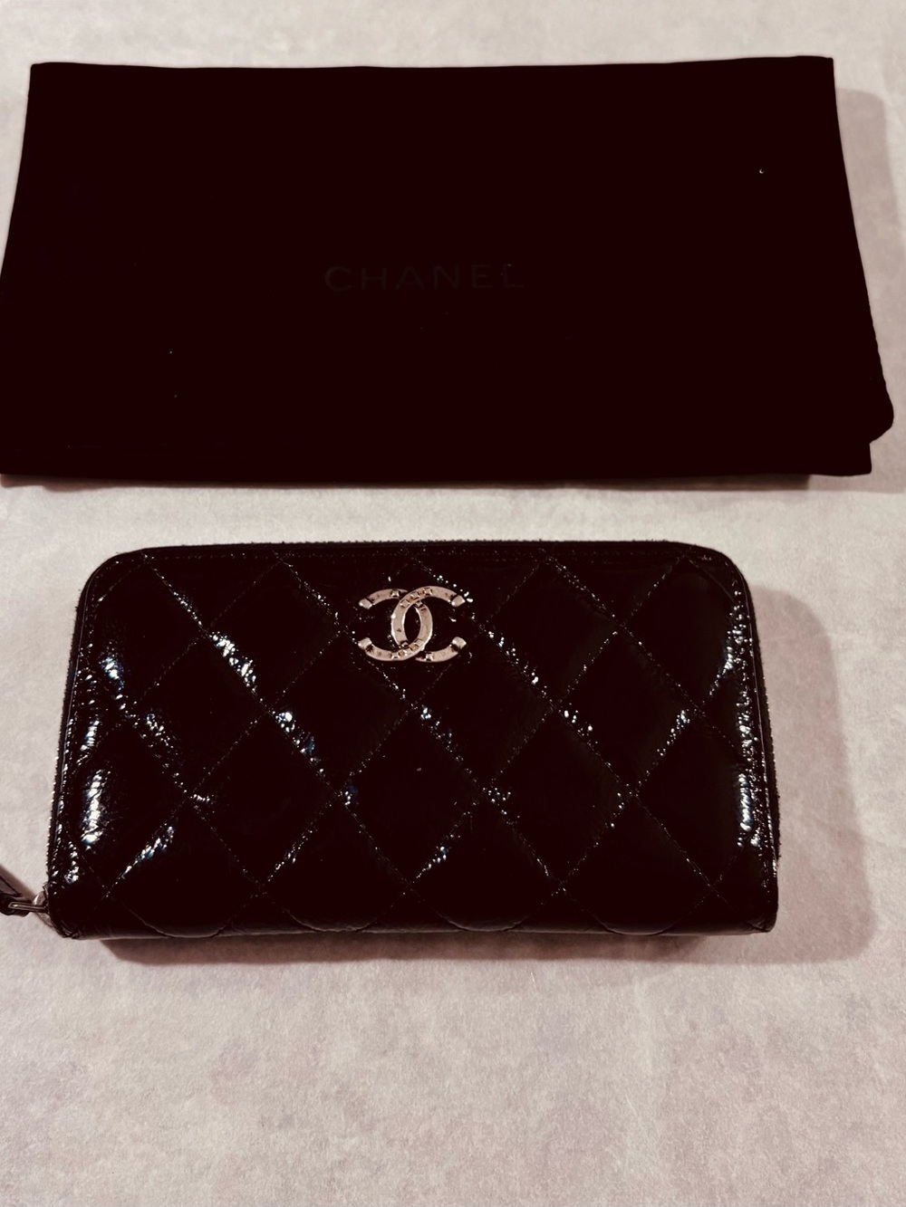 CHANEL Black Quilted Patent Leather Zip-Around Card Holder Wallet